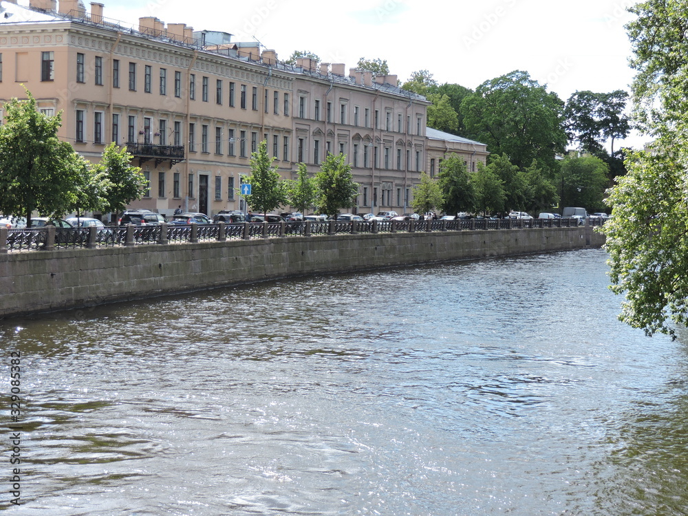 Summer embankment of river in Saint-Petersburg