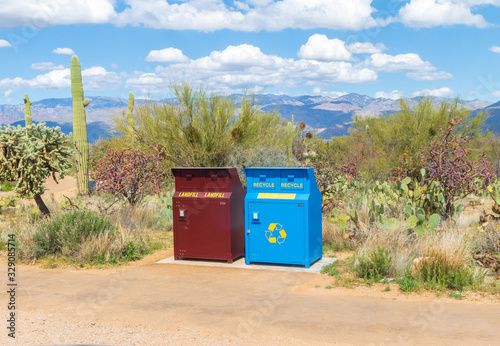 Garbage and recycling bins in the desert © Jennifer