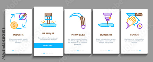Knife Making Utensil Onboarding Mobile App Page Screen Vector. Sharpening And Machine Knife Making, Sizes On Web Site And Characteristics Concept Linear Pictograms. Color Contour Illustrations