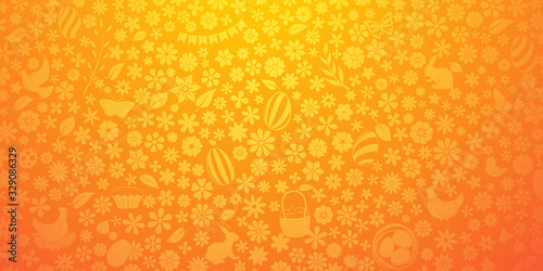 Background of small flowers and eggs, cake, hare, hen, chicken and other Easter symbols in yellow colors
