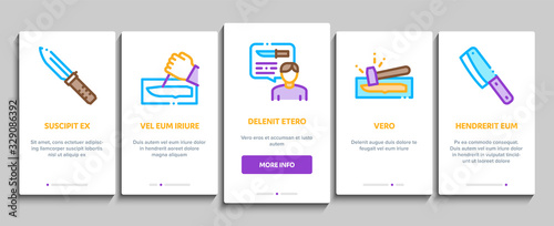 Knife Making Utensil Onboarding Mobile App Page Screen Vector. Sharpening And Machine Knife Making, Sizes On Web Site And Characteristics Concept Linear Pictograms. Color Contour Illustrations