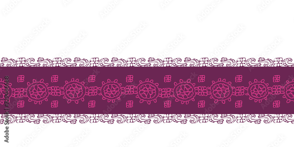 Pink Purple Lace Border-Geometric Modern Flowers seamless repeat pattern border Modern pattern of laces flowers shapes stripes in pink and purple . Perfect for fabric, scrapbook, wallpaper.