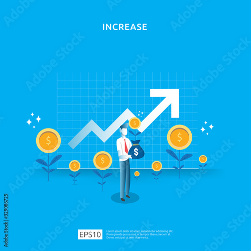 Plant money coin tree growth illustration for Investment Concept. income salary rate increase concept with people character and dollar symbol. Business profit performance of return on investment ROI