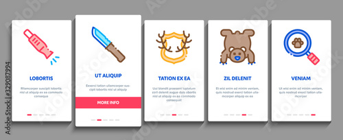 Hunting Equipment Onboarding Mobile App Page Screen Vector. Hunting Gun And Knife, Bullet And Trap, Dog And Deer, Photo Camera And Magnifier Concept Linear Pictograms. Color Contour Illustrations