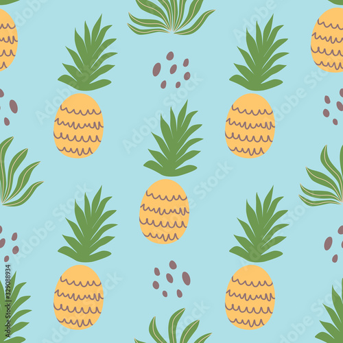 Beach summer seamless pattern with pineapple Cute tropical fruit on on blue background. Fabric textile design Vector