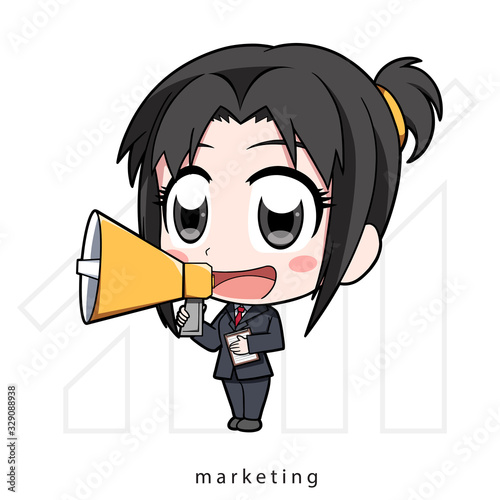 Chibi marketing, girl with megaphone, business girl, Vector illustration Cartoon photo