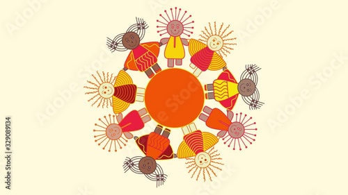 International Children's Day. Animated greetings with funny kids of different nationalities. Children hold hands, dance around earth. Video postcard with cartoon characters. Childrens day animation