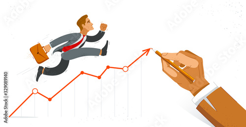 Business man run and hurry on growth chart graph vector illustration, funny comic cute cartoon accountant or businessman worker or employee in a rush to financial success.