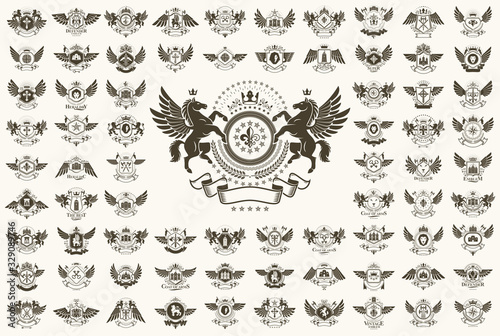 Classic style emblems big set, ancient heraldic symbols awards and labels collection, classical heraldry design elements, family or business emblems.