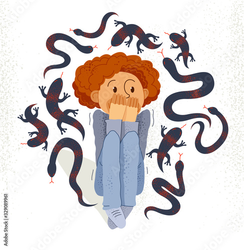 Herpetophobia fear of reptiles snakes and lizards vector illustration, boy surrounded by imaginary reptiles in panic attack and fear, mental health concept.