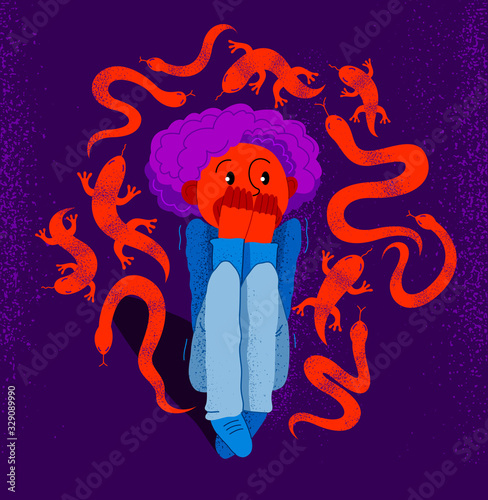 Herpetophobia fear of reptiles snakes and lizards vector illustration, boy surrounded by imaginary reptiles in panic attack and fear, mental health concept.
