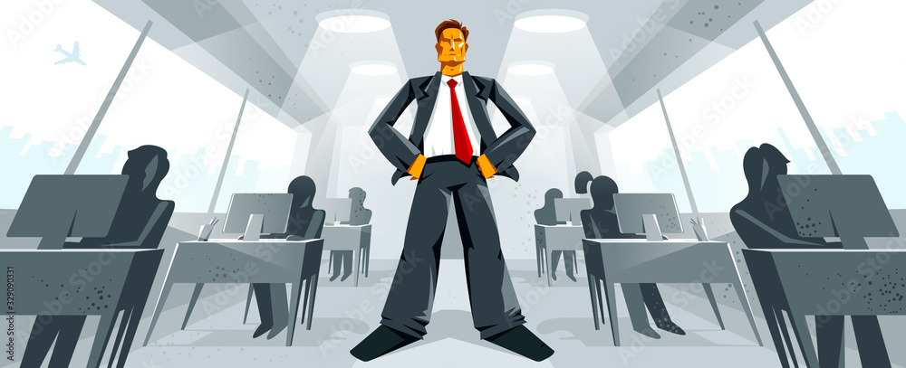 Φωτογραφία Big boss director stands in center of office with employees confident serious and angry vector illustration, bad boss despot and tyrant concept, manager in control of work process