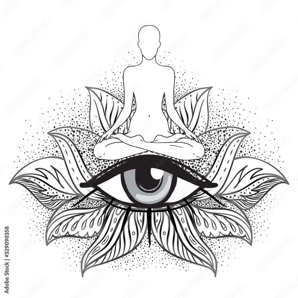 Chakra concept. Inner love, light and peace. Buddha silhouette in lotus  position over ornate mandala. Vector illustration isolated on white.  Buddhism esoteric motifs. Tattoo, spiritual yoga. Stock Vector | Adobe Stock