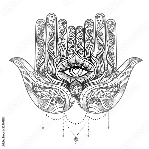 Ornate hand drawn hamsa. Popular Arabic and Jewish amulet. Vector illustratio...