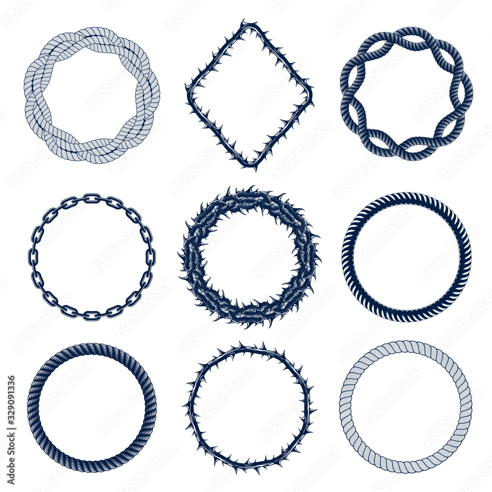 Round frames from chain thorn and rope, vector design elements set, circle shape borders. Round frames from chain thorn and rope, vector design elements set, circle shape borders.