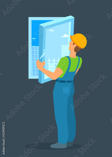 A new PVC window installation. A man worker in coveralls and a hardhat installing a plastic window in the frame. Vector cartoon illustration.