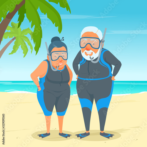 Senior adult divers. An active happy elderly couple standing on the sea beach.  Grandma and grandpa in a snorkel suit, diving wetsuit. People going to snorkeling. Vector cartoon illustration.