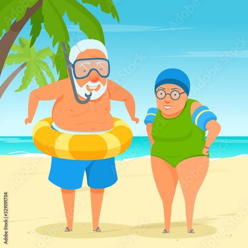 An active happy elderly couple standing on the sea beach. Senior adult swimmers with an inflatable swim ring and water wings. Cute grandma and grandpa. Vector cartoon illustration.