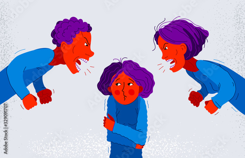 Parents abusers screams and shout on scared little girl their daughter, abusive parents domestic violence, psychological violence abuse, child victim trauma, vector cartoon.