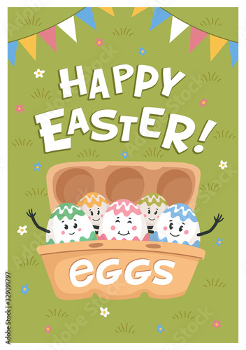Happy easter poster. Colored eggs with cute faces in carton box. Easter eggs ...