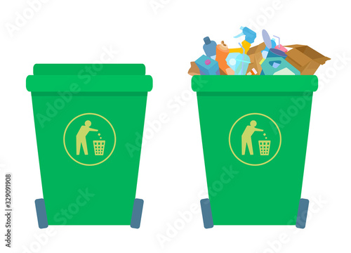 A wheeled garbage bin closed and filled with trash. A full urban trash container. Plastic bottles, boxes, cans. Icon of a person throwing garbage. Vector illustration isolated on a white background.