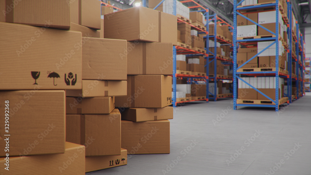 Cardboard boxes in middle of the warehouse, logistic center. Huge modern warehouse. Warehouse filled with cardboard boxes on shelves, boxes stand on pallets. Transportation system, 3D Illustration Cardboard boxes in middle of the warehouse, logistic center. Huge modern warehouse. Warehouse filled with cardboard boxes on shelves, boxes stand on pallets. Transportation system, 3D Illustration