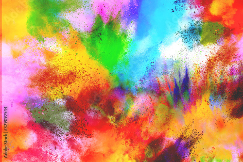 Freeze motion of colorful color powder exploding on white background.  Paint Holi.Indian festival Holi