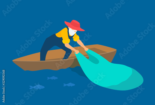 Fisherman catches fish with a net, standing on the boat. An old man fishing. Senior adult wears coveralls, a hat. Vector flat style illustration on a blue sea background.