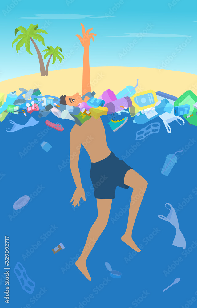 Man drowning in the garbage in an ocean. A boy in panic reaches his hand up, trying to escape, asking for help. Environmental pollution. The problem of waste. Plastic trash in the water reservoir.