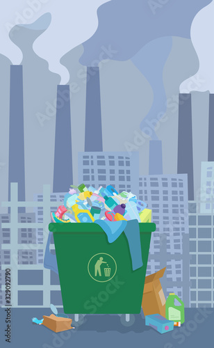 A green garbage bin filled with trash. City, plant on the background of smoking pipes. Environmental pollution. Modern metropolis trash problem. Smog covers the sky. Vector illustration.