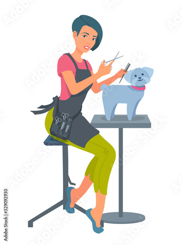 Dog groomer. Girl trims dog's wool. Young woman smiling, doing a haircut for the pup. Dog's stylist at work. Cartoon vector illustration isolated from white.