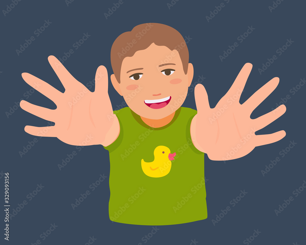 Boy showing his palms, smiling. Vector cartoon illustration. Boy showing his palms, smiling. Vector cartoon illustration.