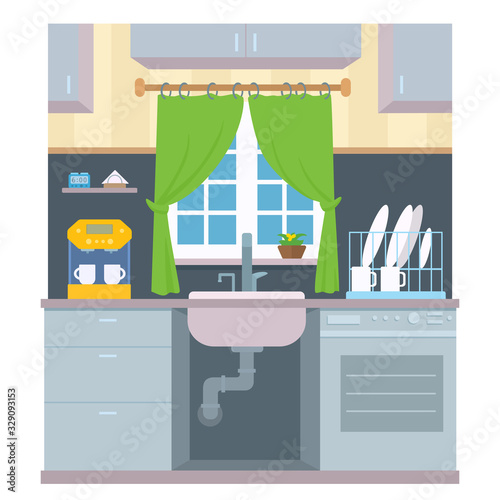 Kitchen with window over the sink. Front view of the house interior furniture. Plumbing pipe. Vector cartoon flat style illustration.
