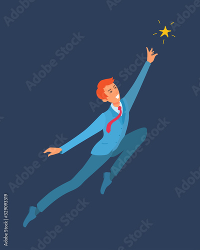 A young cheerful manager reaches out to the star, smiling. An office clerk jump toward his goal. A businessman tries to catch an achievement. Vector cartoon illustration about ambitions, success.