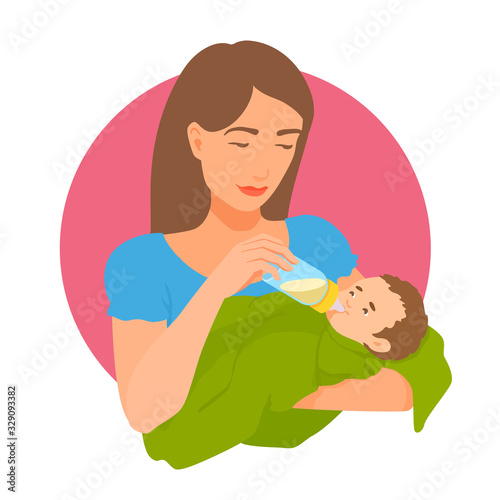 A young mother feeds a baby from a feeding bottle. A woman and a child looking at each other, smiling. Parenthood illustration. Cute baby eating.