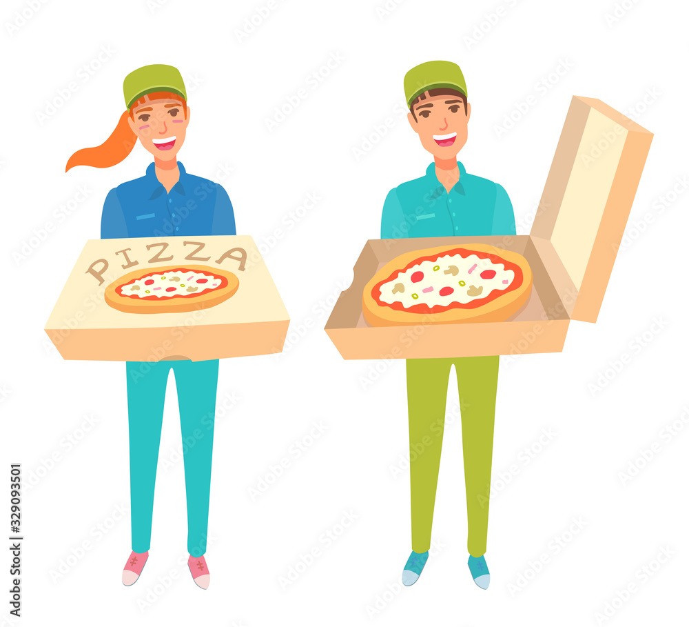 Food delivery service worker. Young adult people holding a box of tasty pizza. A boy and a girl in a baseball cap, polo shirt, and colored jeans. Vector cartoon illustration. Food delivery service worker. Young adult people holding a box of tasty pizza. A boy and a girl in a baseball cap, polo shirt, and colored jeans. Vector cartoon illustration.