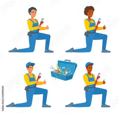 Workers in a blue uniform and a cap with a pipe wrench in their hand. Male, female plumbers kneel, showing gesture thumb up. A repairman, a workman with tools. A toolbox with job equipment.