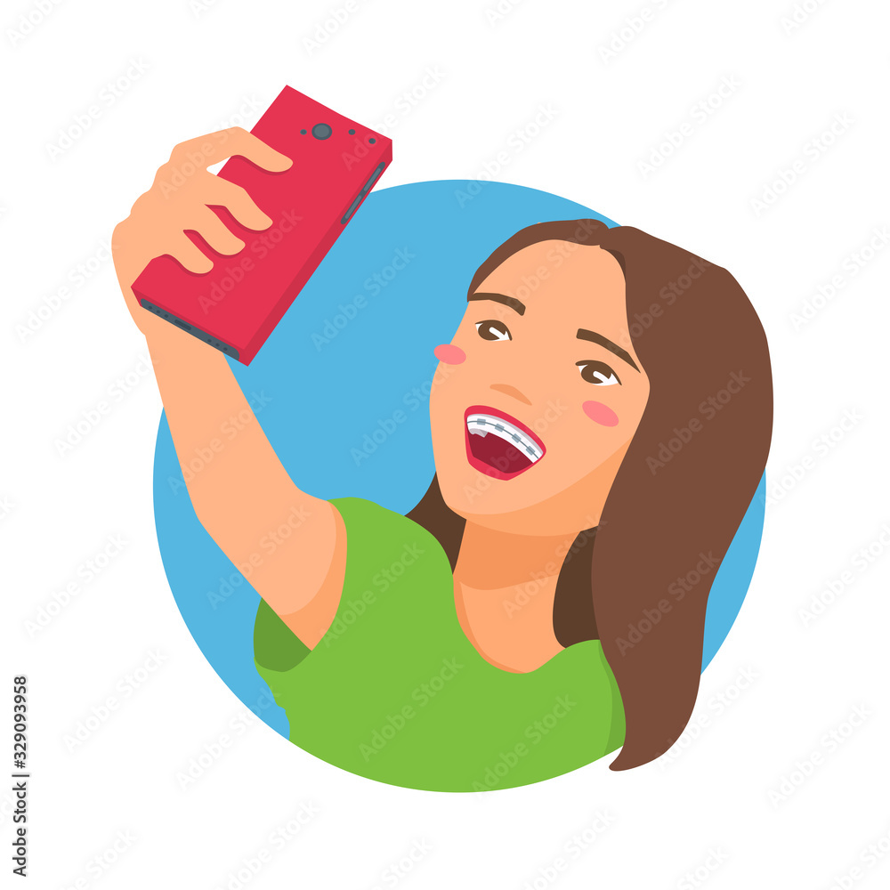 Cute girl with braces on her teeth takes a selfie. Teenager holding the  phone at arm's length, posing, smiling. Vector cartoon illustration. Stock  Vector | Adobe Stock