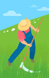 A man farmer in coveralls and a straw hat mows the grass with a hand scythe. Haying field mower. Rural landscape: pasture, sky, sheep on the background. Vector cartoon illustration. 