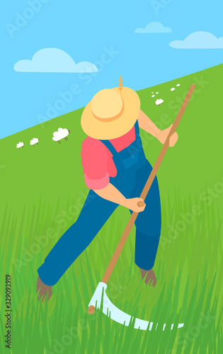 A man farmer in coveralls and a straw hat mows the grass with a hand scythe. Haying field mower. Rural landscape: pasture, sky, sheep on the background. Vector cartoon illustration. 