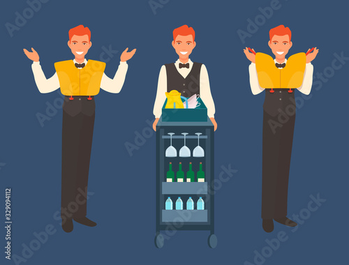 The flight attendant shows an inflatable life jacket, indicates the direction of emergency exits. A steward showing a demonstration. Elegant suit waistcoat. Trolley with drinks.  