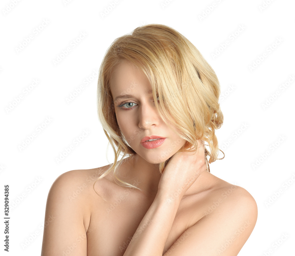 Portrait of beautiful woman with long blonde hair on white background