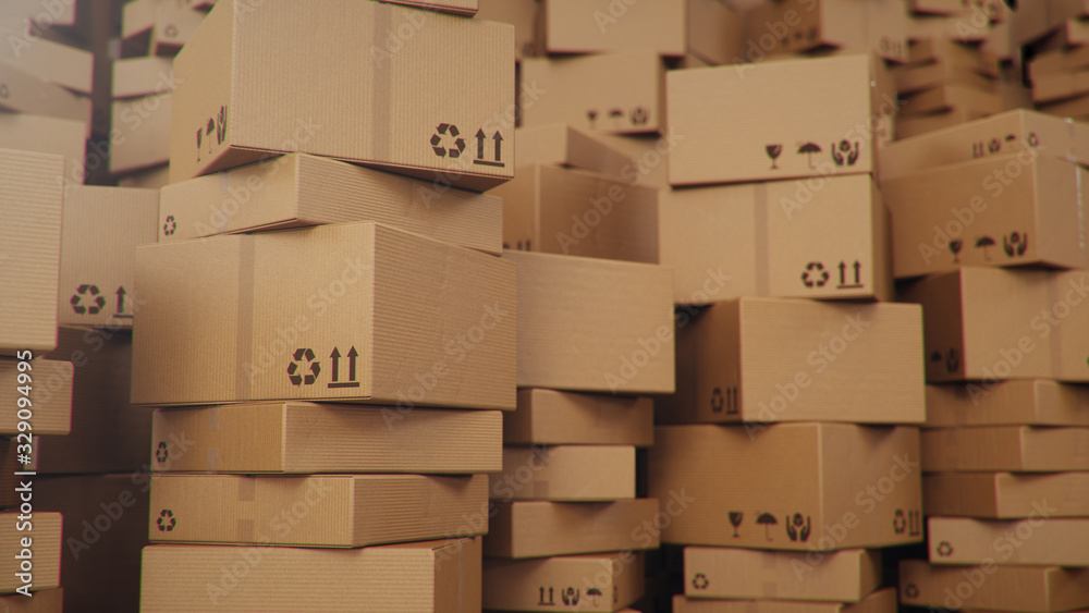 3D illustration background of cardboard boxes. Heap of cardboard boxes for the delivery of goods, parcels. Warehouse filled with boxes. Packages delivery, parcels transportation system concept. - obrazy, fototapety, plakaty 