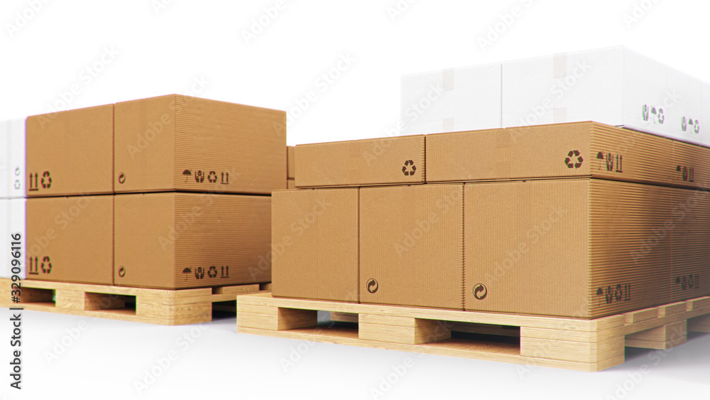 Cardboard boxes on wooden pallets isolated on a white background. Cardboard boxes for the delivery of goods. Packages delivery, parcels transportation system concept, 3D illustration Cardboard boxes on wooden pallets isolated on a white background. Cardboard boxes for the delivery of goods. Packages delivery, parcels transportation system concept, 3D illustration