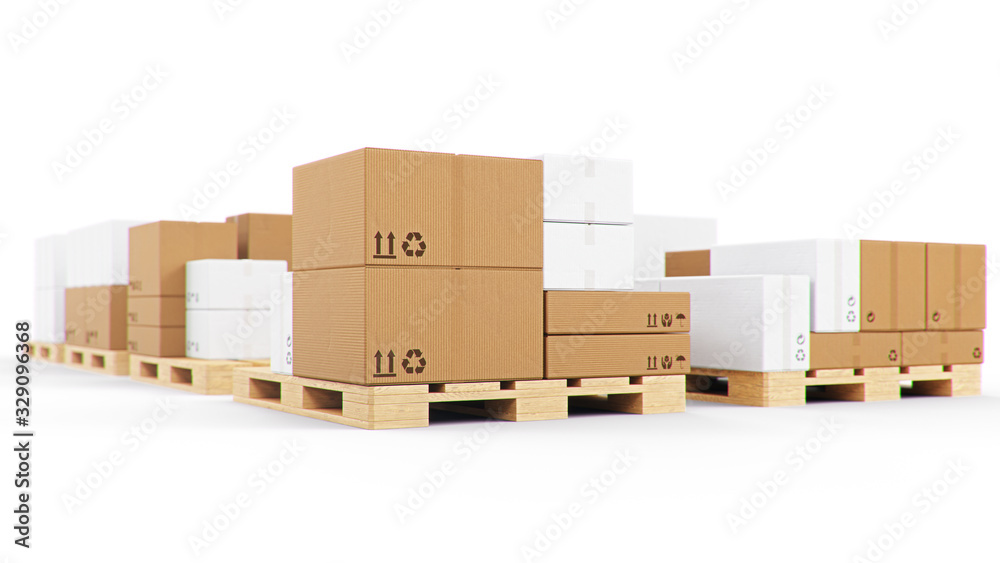 Cardboard boxes on wooden pallets isolated on a white background. Cardboard boxes for the delivery of goods. Packages delivery, parcels transportation system concept, 3D illustration Cardboard boxes on wooden pallets isolated on a white background. Cardboard boxes for the delivery of goods. Packages delivery, parcels transportation system concept, 3D illustration