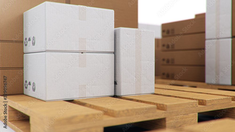 3D illustration cardboard boxes on wooden pallets isolated on a white background. Cardboard boxes for the delivery of goods. Packages delivery, parcels transportation system concept. 3D illustration cardboard boxes on wooden pallets isolated on a white background. Cardboard boxes for the delivery of goods. Packages delivery, parcels transportation system concept.