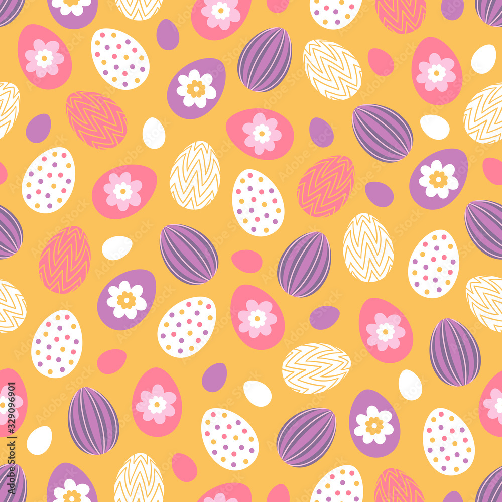 Easter seamless pattern with striped, dotted and floral eggs