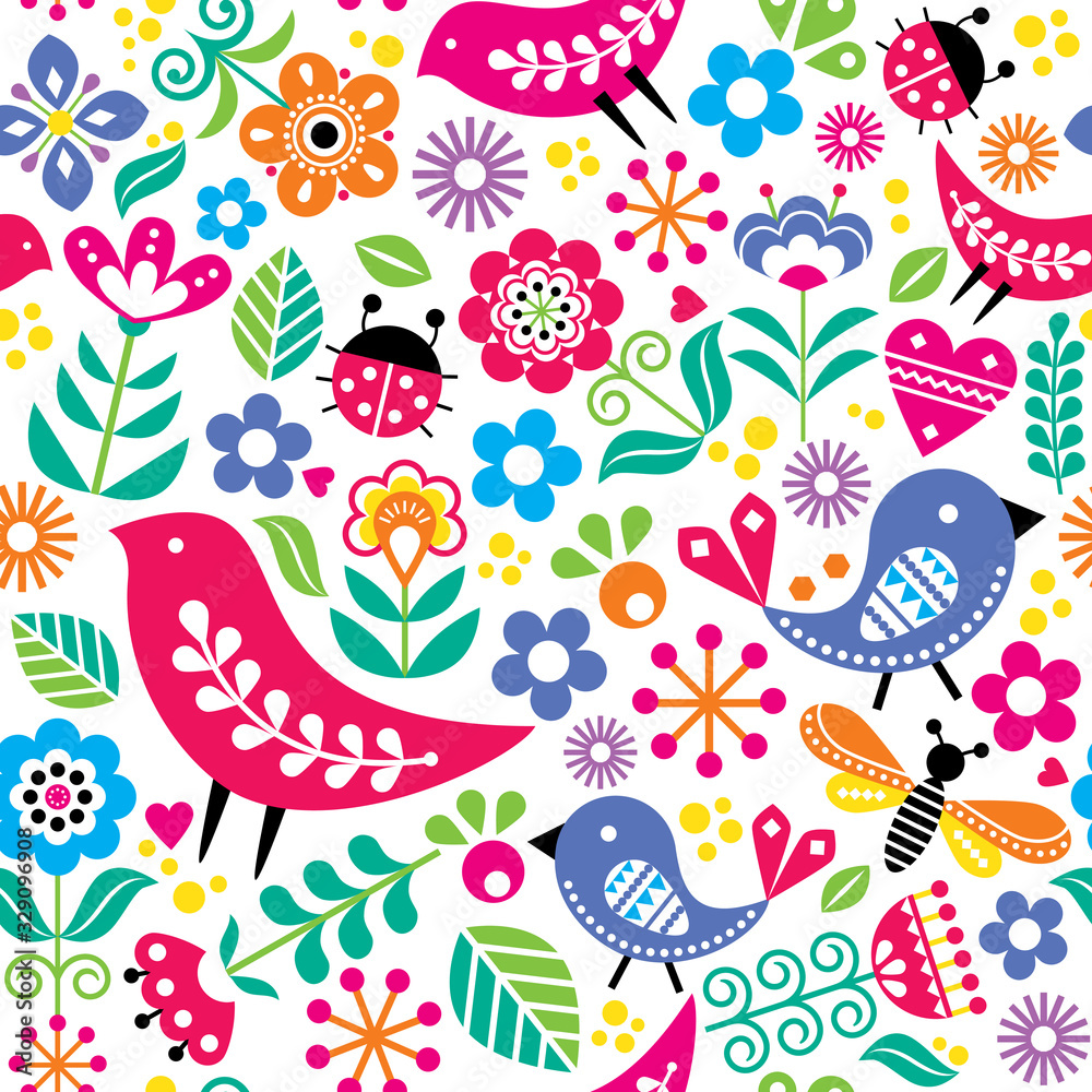 Scandinavian folk art vector seamless pattern with birds, flowers, spirng happy textile design inspired by traditional embroidery from Sweden, Norway and Denmark