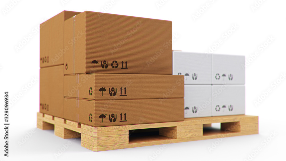 3D illustration cardboard boxes on wooden pallets isolated on a white background. Cardboard boxes for the delivery of goods. Packages delivery, parcels transportation system concept. 3D illustration cardboard boxes on wooden pallets isolated on a white background. Cardboard boxes for the delivery of goods. Packages delivery, parcels transportation system concept.