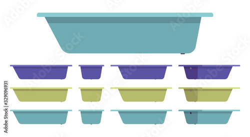 Bath bright set, freestanding collection to build bathroom design. Comfortable bathtime, home or hotel furniture. Vector flat style cartoon illustration, different colors and view